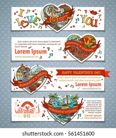 Set of horizontal Valentine's banners. Vector cartoon love banners with hearts. Romantic music, weekend, menu, tours. There is place for your text on white background.