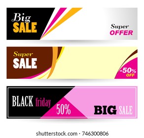 Set Horizontal vector banners. Abstract Bright banners on black and color background. Black Friday Big Sale. Super sale discount up to 50%. 