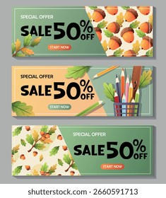 Set of horizontal vector banners with autumn leaves, acorns and school stationery. Perfect for seasonal promotions and back to school campaigns
