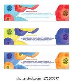 Set of horizontal vector banners with flowers painted in watercolor. Set of floral cards
