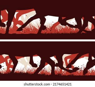 Set of horizontal vector banners with galloping horses through grass.