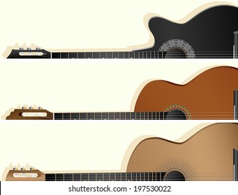 Set of horizontal vector banners with part of western, jazz, flamenco, acoustic guitar.