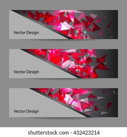 A set of horizontal vector banners with pink triangles on dark background. Abstract explosion. Business, science, medicine and technology design.