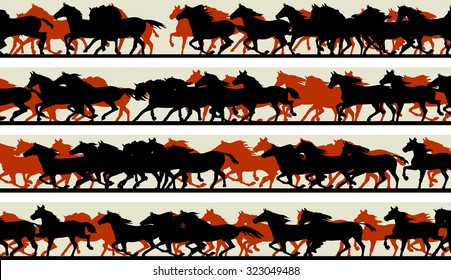 Set of horizontal vector banners prancing galloping horses.