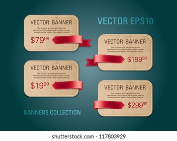 A set of horizontal vector cardboard paper promo banners decorated with red ribbon tags