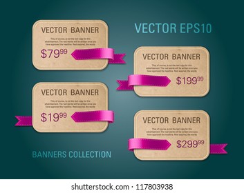 A set of horizontal vector cardboard paper promo banners decorated with purple ribbon tags