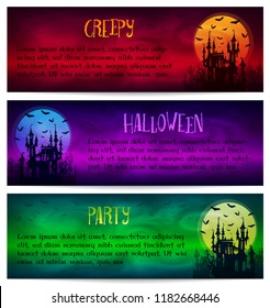 Set of horizontal vector Halloween banners with big moon, ghost castle and bats silhouettes on color background
