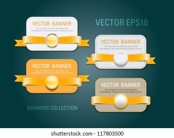 A set of horizontal vector promo banners decorated with yellow ribbons and various plastic round seals