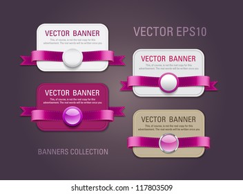 A set of horizontal vector promo banners decorated with purple ribbons and various plastic round seals