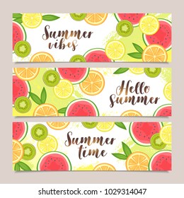 Set of horizontal vector summer banners with fruits. Citrus, orange, lemon, watermelon and kiwi fruits slices. Design template.