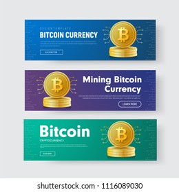 Set of horizontal vector web banners with a stack of gold coins of crypto currency bitcoin with a chip. Design templates for the web with a purple, green and blue gradient