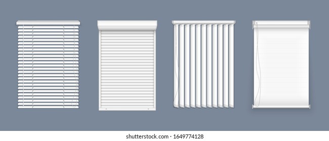 Set von horizontalen und vertikalen Jalousien für Fenster, Elementinnenflächen. Realistische Fensterläden, Draufsicht. Horizontale, vertikale, geschlossene und offene Jalousien für Büroräume. Vektorillustration