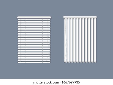 Set of horizontal and vertical blinds for window, element interior. Realistic closed window shutters, front view. Horizontal, vertical closed and open blinds for office rooms. Vector illustration