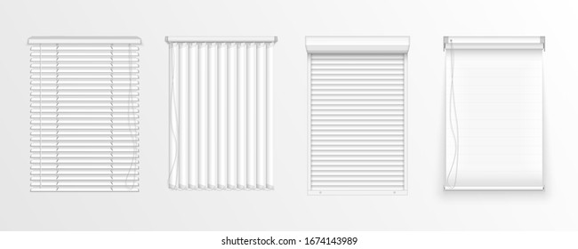 Set of horizontal and vertical blinds for window, element interior. Realistic closed window shutters, front view. Horizontal, vertical closed and open blinds for office rooms. Vector illustration