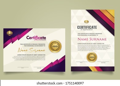 set horizontal and vertical certificate template with stripes ornament and modern texture pattern background. Diploma. Vector illustration for other users
