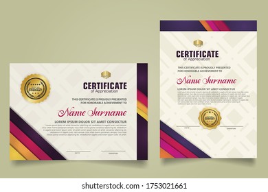 set horizontal and vertical certificate template with stripes ornament and modern texture pattern background. Diploma. Vector illustration for other users