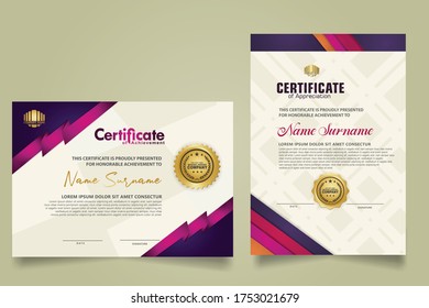 set horizontal and vertical certificate template with stripes ornament and modern texture pattern background. Diploma. Vector illustration for other users