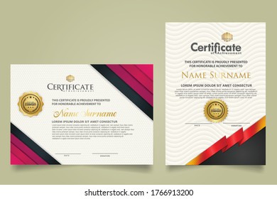 set horizontal and vertical certificate template with ribbon stripes ornament and modern texture pattern background. Diploma. Vector illustration for other users