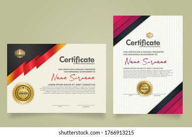 set horizontal and vertical certificate template with ribbon stripes ornament and modern texture pattern background. Diploma. Vector illustration for other users
