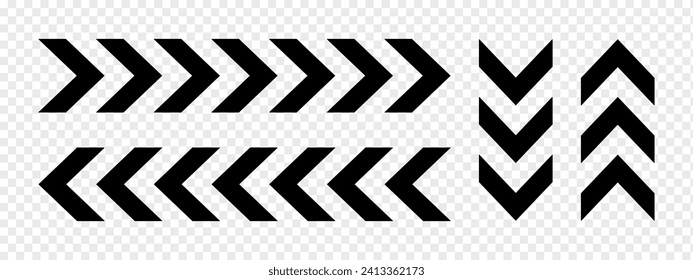 Set of horizontal and vertical chevron arrows. Ornaments with repeated V shaped stripes. Road, military, army, pointer, navigation left and right, up and down signs. Vector flat illustration