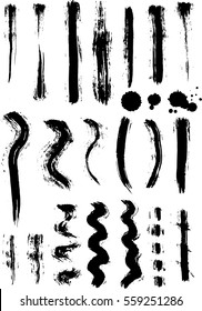 Set of horizontal, vertical, dotted and wavy dry brush strokes in black ink. Vector brush real grunge effect with rubbing and rough edges. Elements for design, frames or boards.