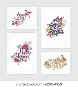 Set of horizontal and vertical postcards with inscription happy mother's day and  love you mom. Card with hand drawn lettering and flowers on white background . 