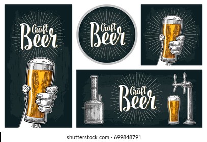 Set horizontal, vertical posters and coaster. Craft Beer lettering with rays. Isolated on the dark background. Vector color hand drawn vintage engraving illustration