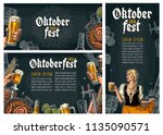 Set horizontal, vertical posters to oktoberfest festival. Beer tap, hop, barrel, barbecue, male hold glass and girl wearing Bavarian dress dirndl. Vintage vector engraving illustration on dark