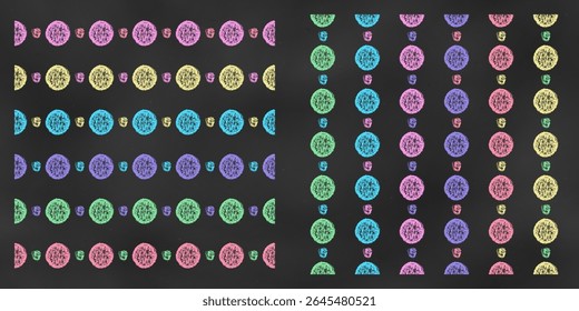 Set of Horizontal and Vertical Seamless Borders Chalk Drawn Sketches of Circles. Collection of Textural Crayon Drawings of Endless Patterns for Cards, Banners, Covers, Postcards, Envelopes, Forms.