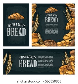 Set horizontal, vertical and square and posters with bread. Isolated on the dark background. Vector color hand drawn vintage engraving illustration for label and menu bakery shop.