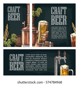 Set horizontal, vertical and square and posters for craft beer.Vintage vector engraving illustration on dark background.