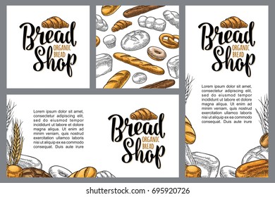 Set horizontal, vertical and square posters for bread organic shop with lettering. Seamless Pattern. Isolated on the white background. Vector color hand drawn vintage engraving for menu bakery shop.