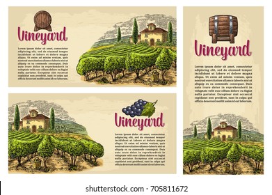 Set horizontal, vertical and square posters or labels for wine. Rural landscape with villa, vineyard fields and hills. Vector engraving drawn vintage illustration. Old paper beige texture background.