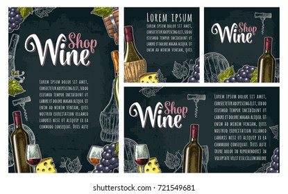 Set horizontal, vertical and square posters or labels for wine. Bottle, glass, barrel, cheese, bunch of grapes with berry. Vector engraving vintage illustration on dark background.