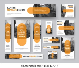 Set Of Horizontal, Vertical And Square Web Banners With Semi-circular Elements For A Photo And A Transparent Orange Plate. Design White Templates For Sites.