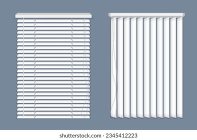 Conjunto de persianas horizontales y verticales. Conjunto vectorial realista de pantallas de plástico blanco para el interior de la casa o de la oficina. Postigos de ventanas cerradas realistas, vista frontal.