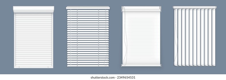 Set of horizontal and vertical window blinds. Vector realistic set of white plastic louver shades for house or office interior. Realistic closed window shutters, front view.