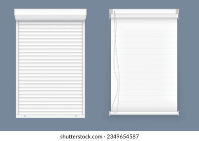 Set of horizontal and vertical window blinds. Vector realistic set of white plastic louver shades for house or office interior. Realistic closed window shutters, front view.