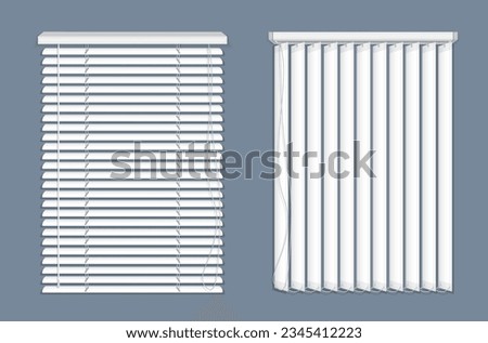 Set of horizontal and vertical window blinds. Vector realistic set of white plastic louver shades for house or office interior. Realistic closed window shutters, front view.