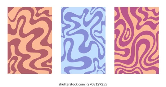 Conjunto de Horizontal fondo abstracto brillante vintage en estilo retro acid disco con vibrantes Formas onduladas y atrevidas transiciones de color. atmósfera psicodélica energética en colores rojo y azul