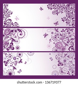 Set of horizontal violet floral greeting banners