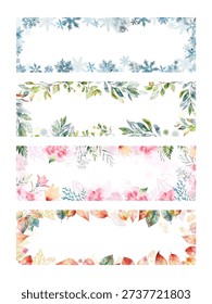 A set of horizontal watercolor backgrounds depicting different seasons of the year. Hand drawn. Not AI, vector illustration