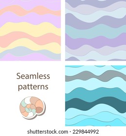 A set of horizontal wavy abstract sea seamless patterns