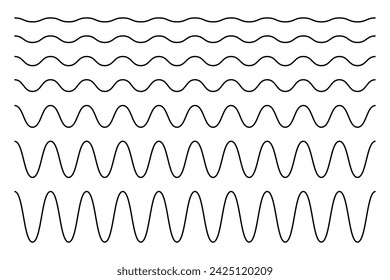 Satz horizontaler Wellenlinien. Wellenförmige Ränder. Sinus- oder Kosinuskurven. Wasser, Flüssigkeit, Luft oder Wind Symbole. Fluss-, Meer-, See- oder Meeresschilder isoliert auf weißem Hintergrund. Darstellung der Vektorkontur