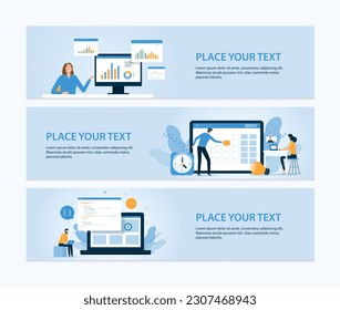 Conjunto de plantillas horizontales de diseño de banners web. Análisis de datos empresariales concepto de inversión en financiación empresarial. La gente de planificación de negocios trabaja en equipo. diseño web y codificación de programadores de aplicaciones móviles 