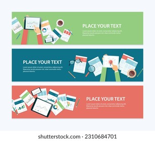 Conjunto de plantillas horizontales de diseño de banners web. planificación de la inversión de la financiación empresarial con el concepto de tecnología de dispositivos. y trabajar con un informe en línea.

