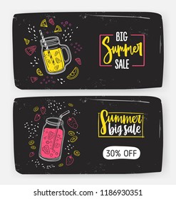 Set of horizontal web banner templates with Big Summer Sale inscription and refreshing drinks, beverages or cocktails made of delicious exotic fruits and berries. Colorful vector illustration.