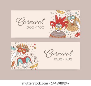 Set of horizontal web banner templates with traditional Venetian masks, cap and bells and costumes for carnival, Mardi Gras celebration or masquerade ball. Vector illustration in line art style.