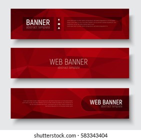 Set of horizontal web banners with abstract red polygonal texture. Template transparent design elements and text. Vector illustration
