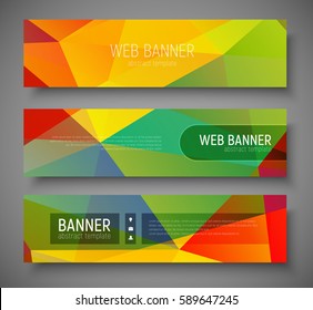 Set of horizontal web banners with abstract colorful polygonal background with transparent elements and buttons. Vector illustration